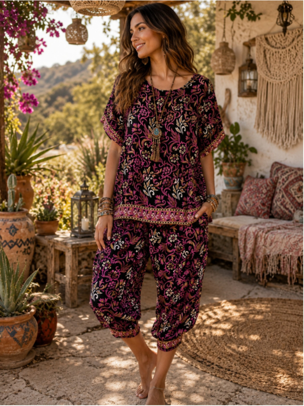 Women's Rhea Royal Print Top and Shorts Set, One Size, Black and Pink